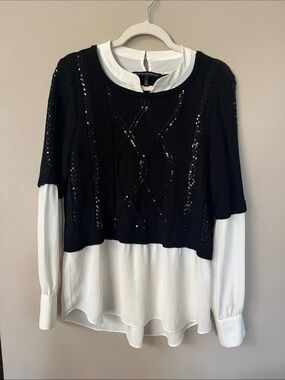 White House Black Market Sequin Two-in-One Layered Knit Sweater Blouse Combo